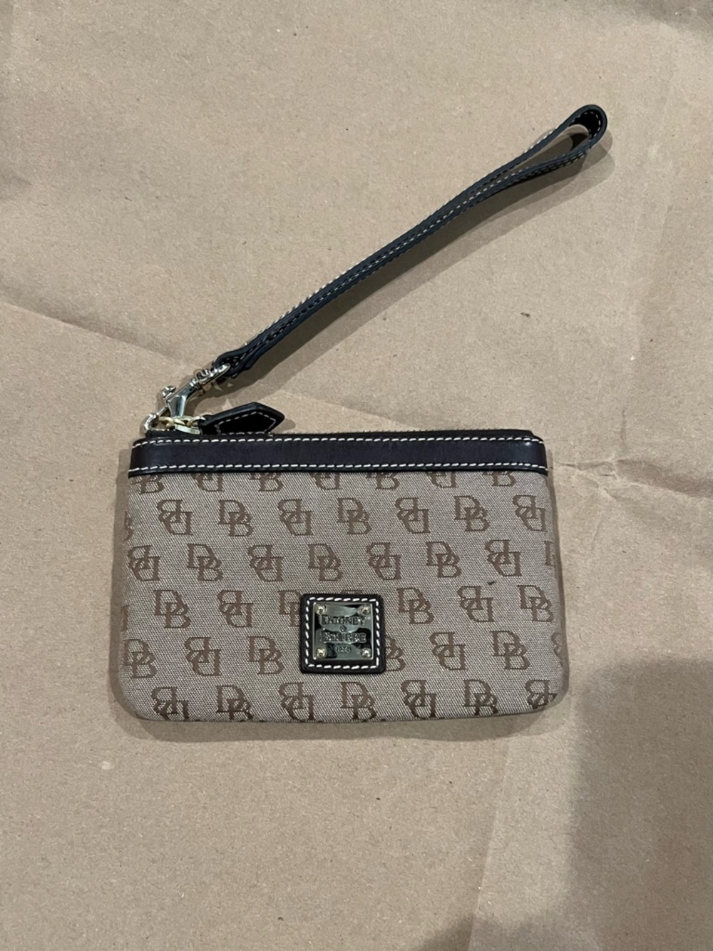Dooney & Bourke Tan/Brown Monogram Wristlet with Dark Trim in EUC